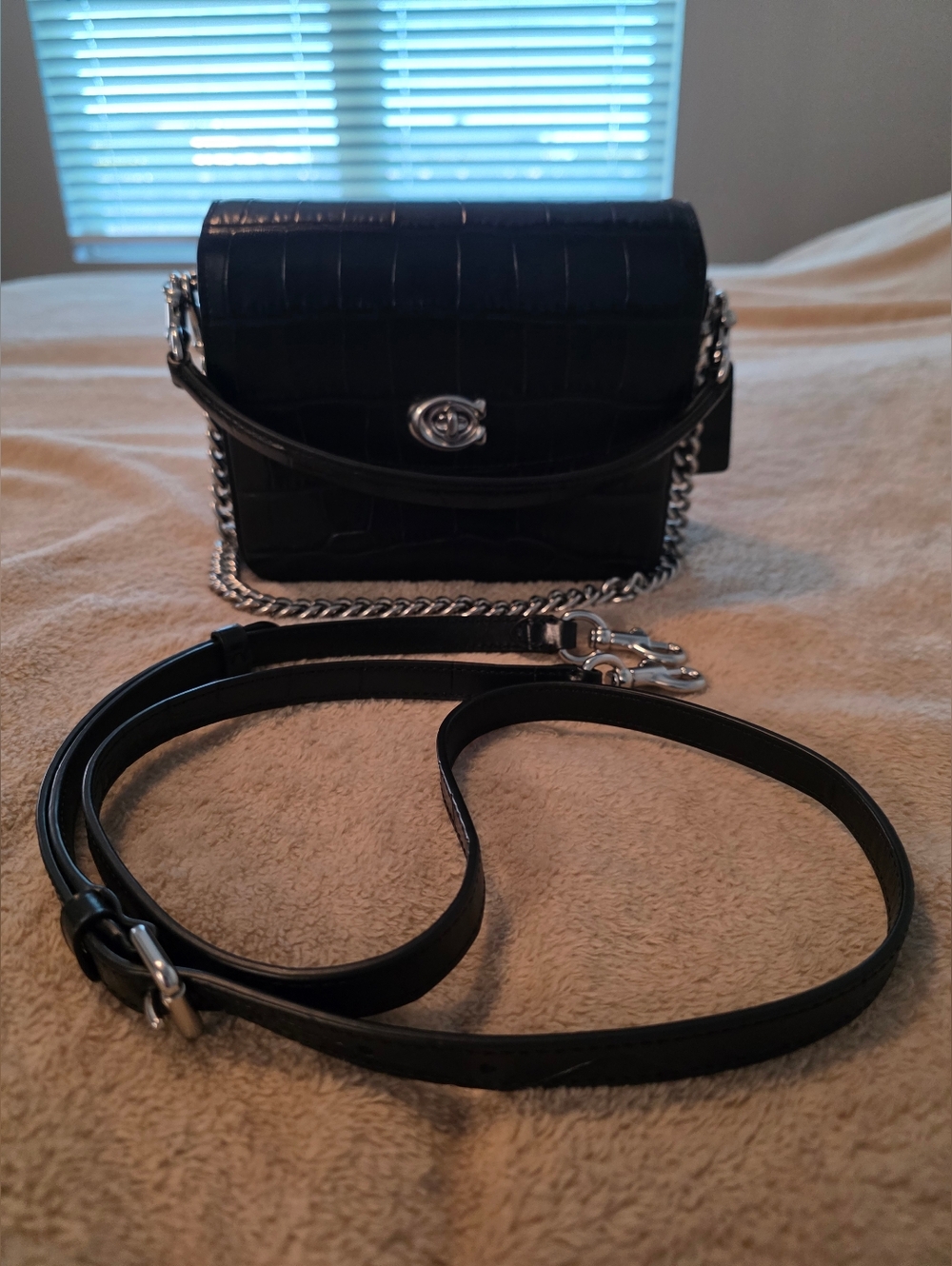 Coach Cassie 19 Black Croc-Embossed Leather Crossbody Bag